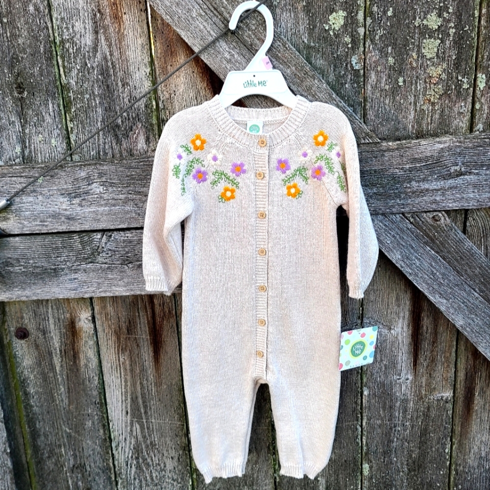 Little Me Floral Embroidered Sweater Knit Baby Girl One Piece Romper 9 Months